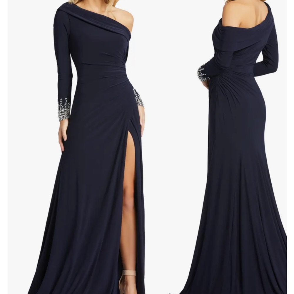 Mac Duggal One Shoulder Long Sleeve Jersey Gown in Midnight Blue Size 14